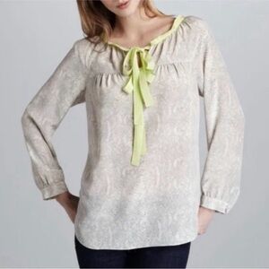 Rebecca Taylor Cream Snakeskin Print Silk Tied Neckline Peasant Blouse - size 6